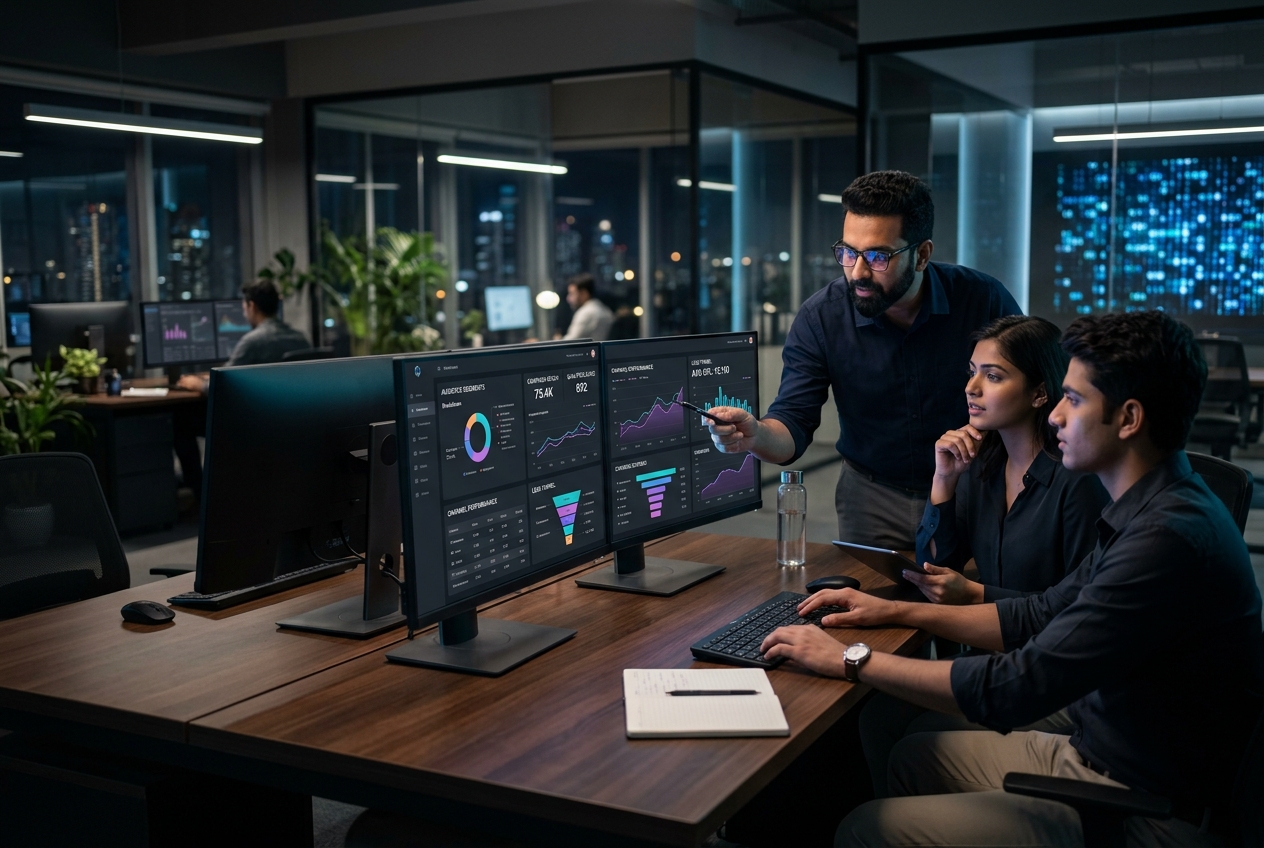 Collaborative Indian digital marketing team analyzing campaign performance and lead funnels on large monitors in a premium modern office