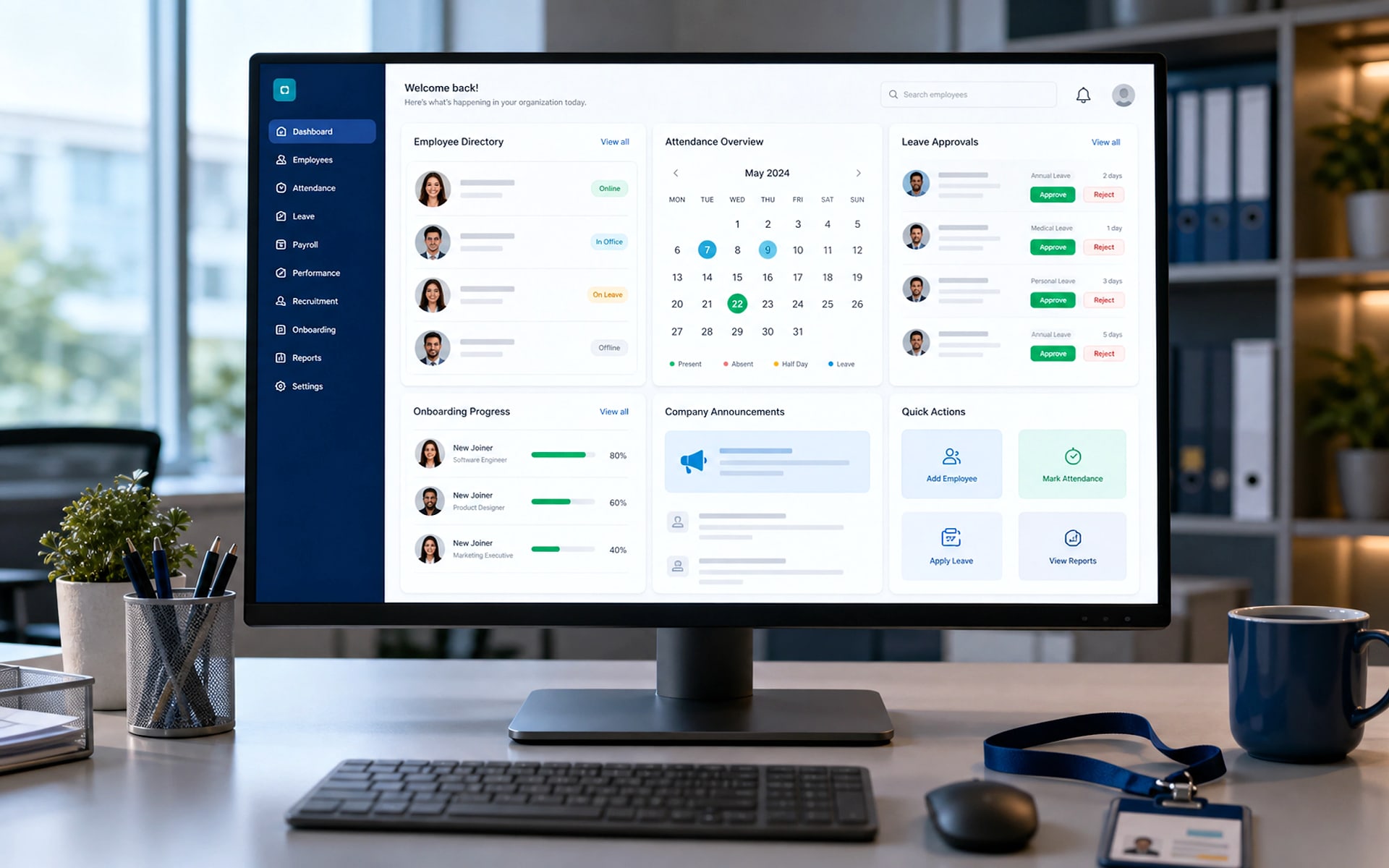 HRMS dashboard showing employees, attendance, leave, tasks and reports