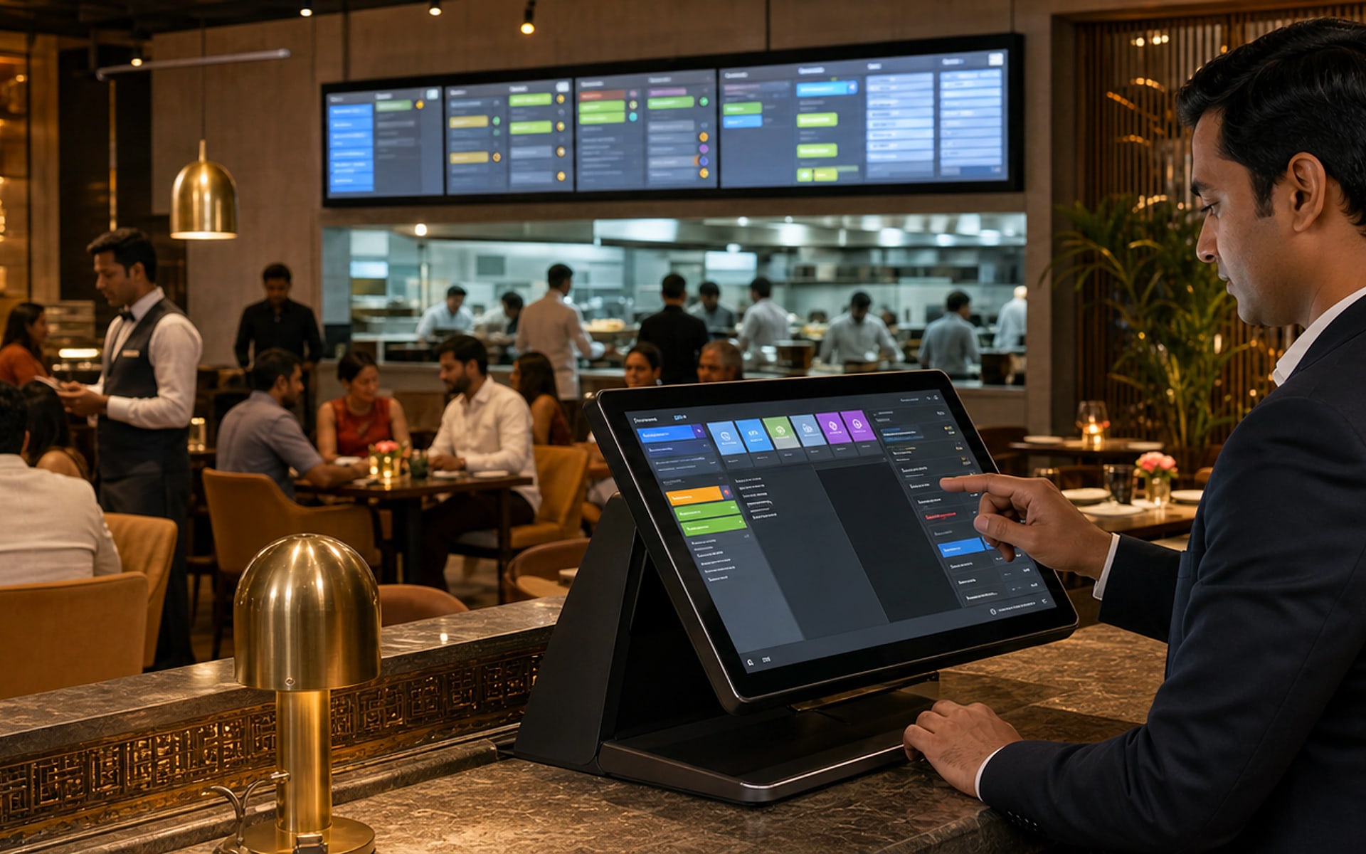 Restaurant and hotel operations represented in one cohesive scene