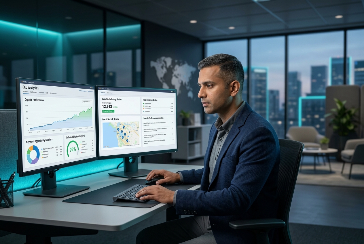 Professional Indian SEO strategist analyzing search performance and organic visibility trends on large high-resolution monitors in a modern technology office
